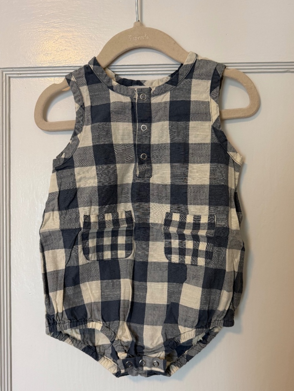 EUC Pehr - Pocket One-Piece Bubble - Checkmate French Blue - 12-18m